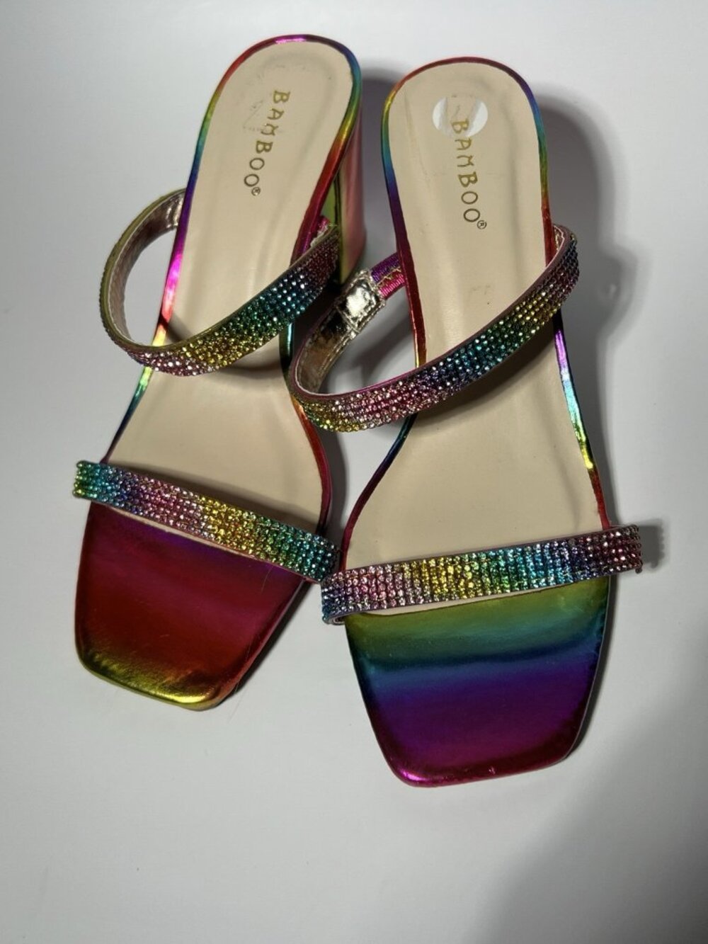 Bamboo Rainbow Metallic Rhinestone Mule Sandals Women’s 8 Block Heel